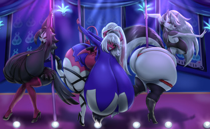 anthro big_breasts big_butt breasts bubble_butt butt clothing dancing female group huge_breasts huge_butt hyper hyper_breasts pole pole_dancing thong trio underwear blues64 marauder6272 hellaverse helluva_boss mythology loona_(helluva_boss) octavia_(helluva_boss) verosika_mayday canid canid_demon canine demon hellhound mammal mythological_canine mythological_creature 2022 absurd_res hi_res