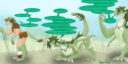 blonde_hair clothing crossgender fantasy fantasy_world female feral ftm_crossgender ftm_transformation gender_transformation green_body green_hair growth hair humanoid_hands magic male mental_changes solo speech_bubble teal_eyes transformation transformation_sequence transformation_through_magic dewodude mythology dragon human mammal mythological_creature mythological_scalie scalie absurd_res hi_res