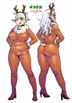 accessory big_butt blonde_hair blue_eyes blush breasts butt clothed clothing costume dark_body dark_skin duo female green_eyes hair hair_accessory hand_on_hip headband holidays humanoid_pointy_ears legwear looking_at_viewer looking_back markings mole_(marking) navel not_furry open_mouth rear_view red_eyes reindeer_costume simple_background slightly_chubby smile standing thigh_highs tight_clothing white_hair wide_hips synecdoche christmas plus-sized_elf elfuda_(plus-sized_elf) kuroeda_(plus-sized_elf) dark_elf elf humanoid mammal hi_res