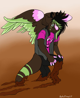 anthro biped clothed clothing eyewear feathers fully_clothed fur glasses hair horn male mud muddy multicolored_body multicolored_feathers multicolored_fur multicolored_hair shirt solo standing tail topwear vest walking wings belledraco mythology twixxel_minty angel_dragon dragon mythological_creature mythological_scalie scalie 2017 absurd_res hi_res source_request