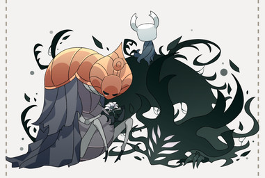 2_horns 8_eyes ambiguous_gender biped black_body bodily_fluids cloak clothed clothing eyes_closed flower group holding_flower holding_object horn multi_eye plant standing tears trio white_eyes white_flower kiri_0861 hollow_knight_(franchise) team_cherry godseeker_(hollow_knight) shade_lord_(hollow_knight) the_knight_(hollow_knight) arthropod shadow_creature vessel_(species) absurd_res hi_res