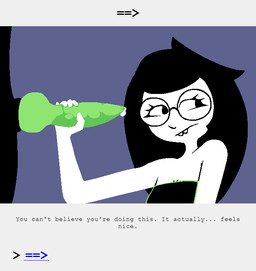 animal_genitalia anthro bite biting_lip black_body black_fur black_hair bodily_fluids buckteeth clothed clothing dress duo eyewear female fur genital_fluids genitals glasses green_penis hair handjob knot knotted_penis looking_at_genitalia looking_away male male/female nervous penile penis pixelated precum sex simple_background smile stroking_penis teeth text white_body uglycoal homestuck ms_paint_adventures bec_noir jade_harley animated animated_comic comic digital_drawing_(artwork) digital_media_(artwork) english_text hi_res shaded simple_shading