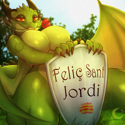 anthro back_wings belly big_breasts blush blush_lines breast_squish breasts catalonia claws clenched_teeth dark_claws dark_horn dark_spikes dots eyelashes eyeshadow facial_horn featureless_breasts female flower grass grass_field green_body holding_object holding_shield horn kneeling leaf light makeup membrane_(anatomy) membranous_wings monster_girl_(genre) non-mammal_breasts nose_horn petals plant pose red_eyes rose_(flower) scales scaly_tail sharp_teeth shield sitting snout solo spikes spikes_(anatomy) spread_legs spreading squish steel sun sunlight sunny tail teeth thick_tail thick_thighs thorns tree ventral_scales wide_hips wings yellow_belly yellow_breasts yellow_sclera yellow_teeth selitoxicmoon mythology saint_george dragon monster mythological_creature mythological_scalie scalie 1:1 hi_res pinup