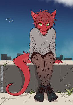 aglet anthro biped black_bottomwear black_clothing black_skirt blue_boots blue_clothing blue_footwear boots bottomwear cheek_tuft city cityscape claws closed_smile clothed clothing cloud concrete countershade_ears countershade_fur countershade_tail countershade_torso countershading crossed_legs detailed_background eyebrow_through_hair eyebrows eyelashes eyelashes_through_hair facial_tuft femboy finger_claws fingers flesh_fang flower footwear front_view fully_clothed fur green_eyes grey_clothing grey_sweater grey_topwear hair heart_print heart_print_legwear inner_ear_fluff legwear looking_at_viewer male mouth_closed multicolored_body multicolored_fur outside plant plantigrade pointy_ears prick_ears pupils red_body red_countershading red_fur red_hair shoelaces shoes short_hair sitting skirt sky slim slim_anthro slim_male slit_pupils smile snout solo sweater tail tan_clothing tan_legwear tan_thigh_highs tapering_tail text thigh_highs topwear translucent translucent_hair tuft two_tone_body two_tone_fur terrathewizard mythology terra_(terrathewizard) ambient_bird canid canine canis dragon furred_dragon furred_scalie hybrid mammal mythological_creature mythological_scalie scalie wingless_dragon wolf 2025 artist_name dated digital_drawing_(artwork) digital_media_(artwork) flat_colors full-length_portrait hi_res portrait andromorph_(lore) nonbinary_(lore)