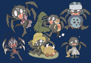 accessory ambiguous_gender anthro backpack black_body black_fur black_widow_symbol bow_tie clothed clothing earmuffs fangs front_view fur holding_object multi_eye multi_limb on_grass on_ground pajamas plant plushie ribbons sitting smile solo teddy_bear teeth text tree upskirt white_eyes kinnni-chan don't_starve klei_entertainment webber arachnid arthropod spider alpha_channel
