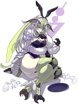 4_arms antennae_(anatomy) arthropod_abdomen black_clothing black_leotard black_sclera bow_tie breasts broken_glass bunny_costume butt clothing costume exoskeleton fake_ears fake_rabbit_ears female fluffy glass green_body green_bow_tie green_exoskeleton green_eyes green_hair hair insect_wings leotard lepidopteran_wings multi_arm multi_limb pouting solo thick_thighs tray white_body white_hair white_skin wings egocider vtuber juniper_actias animal_humanoid arthropod arthropod_humanoid humanoid insect insect_humanoid lepidopteran lepidopteran_humanoid moth_humanoid absurd_res hi_res