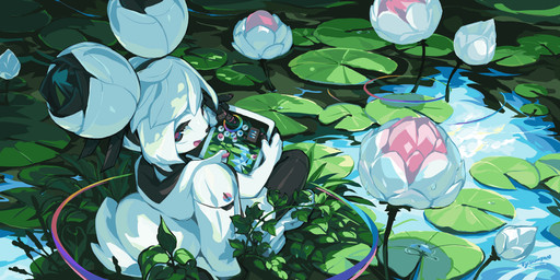 animal_ears anthro armwear black_clothing black_eyes black_leggings black_legwear blue_sky bud chinese_commentary clothed clothing cloud coat colored_nails colored_skin commentary double_bun elbow_gloves english_commentary female fingerless_gloves flower gloves hair hair_bun handwear high-angle_view holding_stylus hood hooded_coat joints leggings legwear lily_pad looking_at_viewer looking_back lotus_(flower) machine mascot mechanical_hands nails on_ground open_mouth pink_nails plant pond rear_view reflection ripples robot_joints sitting sky smile solo splash_image squirrel_ears squirrel_tail stylus symbol_in_eye tablet tablet_pc tablet_pen tail tareme topwear unusual_ears upturned_eyes water water_lily white_body white_clothing white_coat white_hair white_skin white_topwear tyson_tan cc-by-sa creative_commons kde krita_(copyright) kiki_the_cyber_squirrel android mammal robot rodent sciurid tree_squirrel 2020 2:1 absurd_res digital_media_(artwork) hi_res krita_(artwork) official_art signature