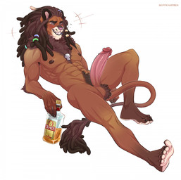 abs alcohol anthro balls beverage big_penis blush brown_hair dreadlocks drunk erection eyes_closed fur genitals glass grin hair humanoid_genitalia humanoid_penis jewelry long_penis lying male mane muscular muscular_anthro muscular_male necklace nude obliques on_back penis pubes simple_background smile solo substance_intoxication tail tail_tuft tan_body tan_fur teeth tequila tuft white_background skiffkhariben felid lion mammal pantherine hi_res
