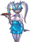 beverage blue_body blue_exoskeleton blue_eyes breasts clothing exoskeleton eyestalks female food hair multicolored_body multicolored_exoskeleton nightmare_fuel non-mammal_breasts pincers ponytail solo two_tone_body two_tone_exoskeleton waiter white_body white_exoskeleton tagane capcom monster_hunter arthropod carapaceon ceanataur crustacean marine