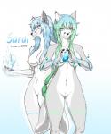 anthro blue_hair breasts claws duo ear_piercing female fur genitals green_hair hair ice magic nipples nude piercing pussy simple_background smile transformation water white_background white_body white_fur nnecgrau sarai_(nnecgrau) canid canine fox mammal 2016 5:6 hi_res