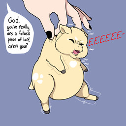 abuse ambiguous_feral ambiguous_gender ambiguous_human animal_abuse black_fingernails black_nails bodily_fluids colored_nails crying dialogue duo eyes_closed feral fingernails fur grey_hooves gums hooves insult lifting_another light_body light_skin markings motion_lines nails neonate open_mouth overweight overweight_ambiguous overweight_feral pained_expression peep_(sound_effect) purple_background simple_background solo_focus speech_bubble tail tears text tongue toothless_mouth white_markings yellow_body yellow_fur young young_ambiguous young_feral poyoboyouwu fluffy_pony buttermilk_(poyoboyouwu) fluffy_pony_(species) human mammal 1:1 2026 cel_shading digital_media_(artwork) english_text hi_res shaded
