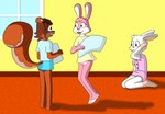 anthro bottomless clothed clothing erection erection_under_clothing female femboy genitals group hair hair_bun male narrow_hips pajamas pillow pillow_fight pussy sleepover thin_calves thin_legs thin_thighs trio lucyhaupdarsteller ashburn_(adrian) helene_(anon) kent_(charlesdragon) lagomorph leporid mammal rabbit rodent sciurid tree_squirrel hi_res