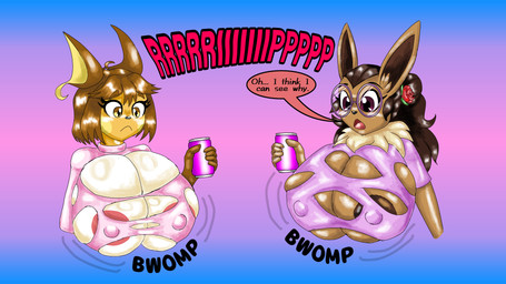 accessory anthro beverage big_breasts breast_expansion breasts clothing duo expansion eyewear female flower glasses hair_accessory huge_breasts nipple_outline plant rose_(flower) torn_clothing wearing_glasses faelocke nintendo pokemon fan_character ivee_rose julia_sparks_(faelocke) eevee generation_1_pokemon pokemon_(species) raichu absurd_res hi_res