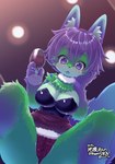 4_fingers alcohol anthro beverage big_breasts blue_tongue bottomwear breasts chest_tuft cleavage clothed clothing container cup drinking_glass female female_anthro fingers front_view fur glass glass_container glass_cup green_body green_fur hair kemono multicolored_body multicolored_fur panties purple_body purple_fur purple_hair red_clothing red_panties red_underwear skirt solo sparklefur suggestive_pose surprised_expression tongue tuft underwear wine wine_glass racal_ra nijiko canid canine fox mammal hi_res