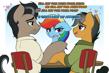 black_hair blue_eyes chair clothing crossgender dialogue female feral ftm_crossgender furniture gay_in_front_of_girls green_eyes grey_hair group hair holding_hooves male male/male multicolored_hair rainbow_hair table text trio two_tone_hair czu friendship_is_magic hasbro my_little_pony caballeron_(mlp) daring_do_(mlp) rainbow_dash_(mlp) earth_pony equid equine horse mammal pony 3:2 absurd_res english_text hi_res