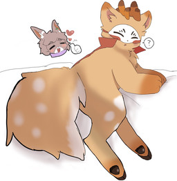 ambiguous_anthro ambiguous_gender anthro antlers big_tail biped blush blush_lines blush_stickers brown_body brown_ears brown_fur cape cape_only clothing cloven_hooves duo ear_piercing ear_ring fluffy fluffy_tail fur gesture gloves_(marking) grey_body grey_ears grey_fur grey_hair hair hand_gesture heart_symbol hooves horn kemono lying markings mask mostly_nude multicolored_body multicolored_fur on_side open_mouth open_smile piercing question_mark ring_piercing semi-anthro short_hair smile solo_focus speech_bubble spots spotted_body spotted_fur tail thick_tail thumbs_up white_body white_fur white_spots boyafu fabulous_beasts sibuxiang_the_deer_(fabulous_beasts) tuye_(fabulous_beasts) deer lagomorph leporid mammal moon_rabbit rabbit colored digital_media_(artwork) full-length_portrait hi_res portrait