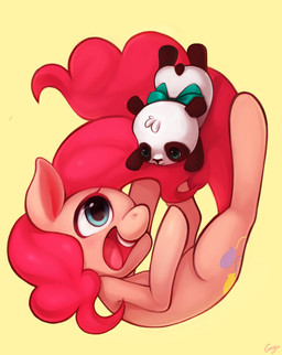 ambiguous_gender cutie_mark duo female feral hair long_hair open_mouth pink_hair simple_background teeth tongue ciciya friendship_is_magic hasbro my_little_pony pinkie_pie_(mlp) bear earth_pony equid equine giant_panda horse mammal pony 2015 hi_res signature