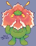 ambiguous_gender biped blue_background feet flower green_body looking_at_viewer not_furry pink_flower plant simple_background stamen standing tail yellow_eyes flipside fakemon nintendo pokemon fan_character elemental_creature flora_fauna generation_1_pokemon generation_2_pokemon hybrid_pokemon meganium pokemon_(species) vileplume 2023 shaded