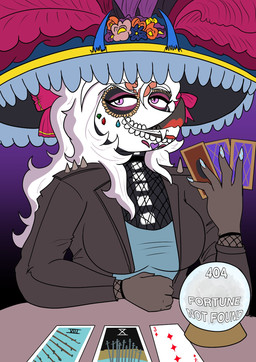 2_horns abstract_background anthro big_breasts black_clothing black_jacket black_topwear bodypaint breasts calavera_face_paint card claws cleavage clothed clothing crystal_ball eight_of_wands_(tarot) eyelashes face_paint female finger_claws fishnet_clothing fishnet_topwear fortune_teller grey_body grey_scales hair hat headgear headwear holidays horn jacket leather leather_clothing leather_jacket leather_topwear lipstick long_hair makeup playing_card purple_eyes red_lipstick scales sharp_teeth sitting skull_face_paint smile solo sombrero tarot tarot_card teeth ten_of_swords_(tarot) three_of_diamonds topwear white_hair arsenic_iii calavera cavemanon_studios day_of_the_dead snoot_game fan_character vee_(veedway) dinosaur prehistoric_species reptile saurischian scalie theropod troodon troodontid 2024 digital_drawing_(artwork) digital_media_(artwork) hi_res