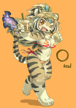 anthro beverage bikini blush bubble_tea clothed clothing female hair kemono long_hair looking_at_viewer navel one_eye_closed open_mouth solo swimwear two-piece_swimsuit wink winking_at_viewer kouchainu lifewonders tokyo_afterschool_summoners durga_(tas) felid mammal pantherine tiger 2019 hi_res