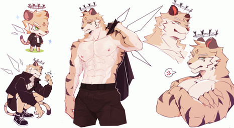 abs anthro chibi clothed clothed_anthro clothed_male clothing cross-popping_vein crossed_arms crouching floating_wings fully_clothed fully_clothed_anthro fully_clothed_male halo holding_clothing holding_object holding_shirt holding_topwear male male_anthro muscular muscular_male nipples pecs shirt simple_background solo standing tail topless topless_anthro topless_male topwear unusual_anatomy unusual_wings wings fszer0 felid mammal pantherine tiger hi_res