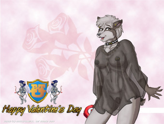 anthro barely_visible_genitalia barely_visible_vulva breasts brown_eyes chest_tuft clothing collar ear_piercing facial_piercing female fur genitals holidays inner_ear_fluff lip_piercing looking_at_viewer multicolored_body multicolored_fur navel nipples open_mouth open_smile piercing pubes simple_background smile solo spikes studded_collar studs translucent translucent_clothing tuft two_tone_body two_tone_fur vulva style_wager valentine's_day honei badger honey_badger mammal mustelid musteline 2019