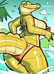 anthro bedroom_eyes big_breasts big_butt bottomwear breasts butt clothing clothing_aside clothing_pull female green_body green_scales looking_at_viewer looking_back narrowed_eyes nipples non-mammal_breasts non-mammal_nipples orange_bottomwear orange_clothing orange_swimwear orange_topwear scales seductive smile smiling_at_viewer smirk smirking_at_viewer solo swimwear swimwear_aside swimwear_pull tail thick_tail thick_thighs topwear water water_splashes wet wet_body dubindore boobindore_(dubindore) alligator alligatorid crocodilian reptile scalie 2025 absurd_res hi_res