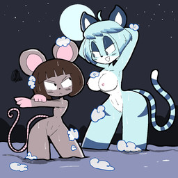 anthro bathing big_breasts black_eyes blue_body blue_eyes blue_eyeshadow blue_hair breasts brown_body brown_hair duo eyeshadow female flat_chested genitals hair hands_behind_head makeup navel night nipples nude nude_anthro nude_female pink_nipples small_breasts suds tail thick_thighs vulva water wet white_body wide_hips usagibun1 hu_lin_(j3karts) ida_(usagibun1) domestic_cat felid feline felis mammal mouse murid murine rodent 1:1 2025 digital_media_(artwork) hi_res