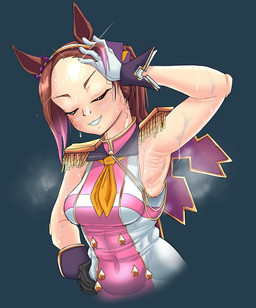 animal_ears armpit_fetish armpit_focus black_clothing black_gloves black_handwear blush bodily_fluids breasts brown_hair clothed clothing eyelashes eyes_closed female front_view glistening glistening_armpit glistening_forehead gloves grin hair hand_on_hip handwear musk navel_outline pink_clothing presenting_armpit proud raised_arm short_hair smelly smile solo sweat sweaty_armpit sweaty_arms tan_body tan_skin white_clothing white_gloves white_handwear wrinkled_armpit gob_r4n bakushin_armpit_gif cygames uma_musume_pretty_derby sakura_bakushin_o_(pretty_derby) animal_humanoid equid equid_humanoid equine equine_humanoid horse_humanoid humanoid mammal mammal_humanoid absurd_res half-length_portrait hi_res meme portrait