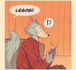 2020 ?! anthro beastars canid canine canis comic dialogue eden_fries electronics exclamation_point fur grey_body grey_fur hi_res holding_object holding_phone legoshi_(beastars) male mammal offscreen_character phone sitting solo speech_bubble wolf