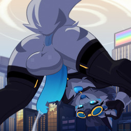 anthro anus balls big_balls big_penis black_clothing black_topwear blue_tongue bodily_fluids butt city cityscape clothing collar eyewear femboy genital_fluids genitals glowing glowing_eyes glowing_genitalia glowing_penis goggles heart_pendant leaking_precum legwear macro male penis precum presenting presenting_anus presenting_hindquarters solo stockings tongue topwear warden006 novu_(warden006) novabeast 1:1