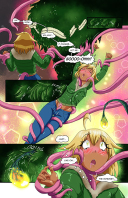 blonde_hair blue_bottomwear blue_clothing blue_jeans blue_pants blush bottomwear breast_grab breasts butt butt_grab cheek_lick clothing denim denim_bottomwear denim_clothing dialogue duo face_lick female fur glowing glowing_tentacles green_body green_fur hair hand_on_breast hand_on_butt hypnotized_prey jacket jeans licking lips male male/female pants questionable_consent restrained restrained_by_tentacles smile speech_bubble tan_body tentacles thought thought_bubble tongue topwear dr_artist miaryu_(dr_artist) tera_rollins_(dr_artist) alien human mammal absurd_res colored comic hi_res
