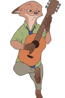 acoustic_guitar anthro barefoot bottomwear clothed clothing feet fully_clothed guitar musical_instrument necktie pants playing_guitar playing_music plucked_string_instrument shirt simple_background solo string_instrument topwear white_background piberius_w disney zootopia nick_wilde canid canine fox mammal red_fox true_fox 2019