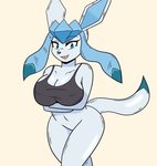 anthro anthrofied big_breasts blue_body blue_eyes blue_fur bottomless breasts cleavage clothed clothing convenient_censorship crossed_arms female fur huge_breasts looking_at_viewer open_mouth partially_clothed pokemorph simple_background smile solo standing tan_background tongue topwear white_body white_fur wide_hips athom nintendo pokemon canid eeveelution generation_4_pokemon glaceon mammal pokemon_(species)