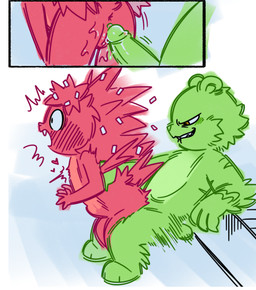 anthro duo female genitals green_body male male/female motion_lines penetration penis red_body sex vulva ra-ta happy_tree_friends flaky_(htf) flippy_(htf) bear mammal porcupine rodent