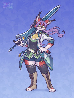 3_toes 5_fingers anthro belt black_pawpads bottomwear clothing cosplay cute_fangs eyewear fangs feet female fingerpads fingers footwear fur glasses green_eyes hair holding_melee_weapon holding_object holding_sword holding_weapon jacket legwear looking_aside melee_weapon pawpads paws plantigrade purple_hair red_body red_fur shoes shorts simple_background smile solo standing stockings sword tail teeth toeless_footwear toes topwear weapon taffywabbit trails_of_(series) laura_arseid paps_(papermariofan) felid feline lynx mammal 2025 3:4 hi_res
