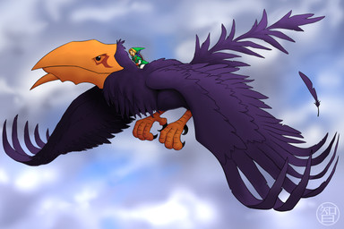 4_toes ambiguous_gender anisodactyl arm_support beak carrying_another closed_beak clothing cloud duo extreme_size_difference feathered_wings feathers feet feral flying forward_arm_support green_clothing green_hat green_headwear green_shirt green_topwear happy hat headgear headwear humanoid_pointy_ears larger_ambiguous larger_feral macro male open_mouth open_smile orange_beak orange_legs orange_talons pointy_ears purple_body purple_feathers riding riding_on_back shirt size_difference sky smaller_humanoid smaller_male smile spread_wings tail tail_feathers toes topwear wings coldfusion nintendo the_legend_of_zelda link avian bird guay humanoid 2022 3:2 absurd_res digital_media_(artwork) digital_painting_(artwork) hi_res painting_(artwork) shaded soft_shading