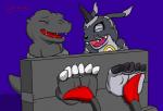 3_toes ambiguous_gender anthro barefoot bdsm bondage bound duo feet hands_behind_back laugh nude plantigrade restrained restraints rope simple_background sitting soles stocks tickle_torture tickling tickling_feet tickling_machine toe_restraints toes toes_tied chaos99 bandai_namco digimon blackagumon blackgabumon digimon_(species) gabumon lizard reptile scalie