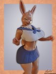 anthro big_breasts bottomwear breasts clothing female lidded_eyes navel raised_tail school_uniform skirt solo tail text uniform hiddenmask18 nintendo pokemon eevee generation_1_pokemon pokemon_(species) 3d_(artwork) blender_(artwork) digital_media_(artwork) hi_res url