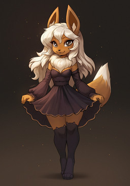 anthro anthrofied black_clothing black_legwear black_stockings breasts brown_body brown_eyes brown_fur cat_stockings clothed clothing clothing_lift dress dress_lift eyelashes female female_anthro fluffy fluffy_tail fur hair inner_ear_fluff legwear long_ears long_eyelashes long_hair long_sleeves looking_at_viewer neck_tuft off_shoulder simple_background small_breasts small_waist smile smiling_at_viewer solo standing stockings tail thick_thighs tuft white_hair yasmil nintendo pokemon eevee generation_1_pokemon pokemon_(species) 2025 colored digital_drawing_(artwork) digital_media_(artwork) full-length_portrait hi_res portrait shaded