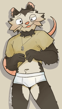 anthro belly blush briefs clothed clothing clothing_lift ear_piercing fluffy jewelry male necklace piercing shirt shirt_lift silly slim smile solo tail tighty_whities topwear underwear whiskers white_briefs white_clothing white_underwear epic_games fortnite skillet_(fortnite) american_opossum arachnid arthropod mammal marsupial scorpion absurd_res hi_res