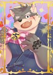 anthro asian_clothing blush clothing confetti east_asian_clothing eyebrows fur gift grey_body grey_fur japanese_clothing kimono male one_eye_closed scar smile solo thick_eyebrows wink amidasuke lifewonders tokyo_afterschool_summoners moritaka_(tas) canid canine canis domestic_dog mammal absurd_res hi_res