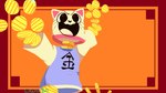 4_fingers ambiguous_gender anthro arms_above_head black_eyes black_nose blue_clothing blue_shirt blue_topwear border bottomless cjk_character clothed clothing coin collar fingers floating_arms floating_head front_view gold_(metal) gold_coin open_mouth orange_background pink_collar pink_inner_ear raised_hands red_border shirt simple_background smile solo topwear whiskers white_body white_clothing white_shirt white_topwear owll80 ena:_dream_bbq ena_(series) kane_(ena) animate_inanimate domestic_cat felid feline felis living_coin mammal 16:9 2025 widescreen