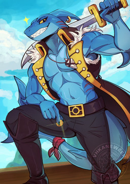 anthro belt blue_body blue_skin boots bottomwear clothed clothed_male clothing coin fin fin_piercing footwear furgonomic_piercing furgonomics gills gold_(metal) gold_coin grin head_fin holding_melee_weapon holding_object holding_sword holding_weapon long_tail longcoat male melee_weapon muscular muscular_anthro muscular_male open_clothing open_topwear pants piercing pirate shoes smile solo sword tail topwear weapon yellow_eyes vhkansfweer rivals_of_aether slade_(dungeons_of_aether) aquatic fish shark hi_res