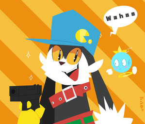 anthro belt black_body black_eyes black_fur blue_clothing blue_hat blue_headwear bottomwear cheek_tuft clothing cute_fangs dialogue dipstick_ears duo ear_markings ellipsis facial_tuft fangs floppy_ears fur gloves green_bottomwear green_clothing green_shorts gun handgun handwear hat headgear headwear holding_gun holding_object holding_ranged_weapon holding_weapon long_ears looking_at_viewer male markings multicolored_ears open_mouth orange_sclera pattern_background pistol pointing_gun_at_viewer pupils ranged_weapon red_bottomwear red_clothing red_shorts shorts simple_background smile smirk sparkles speech_bubble striped_background teeth text tuft weapon white_body white_fur white_pupils worried yellow_clothing yellow_gloves yellow_handwear skweekers bandai_namco klonoa_(series) huepow klonoa domestic_cat felid feline felis mammal spirit 2022 english_text hi_res
