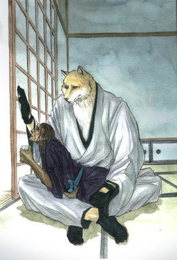 anthro asian_clothing beverage blind clothing disability duo east_asian_clothing food footwear gloves handwear human_on_anthro interspecies japanese_clothing legwear male male/male male_on_anthro romantic romantic_couple shoji sitting socks tatami tea yukata unknown_artist bleach_(series) kaname_tosen sajin_komamura canid canine canis human mammal wolf