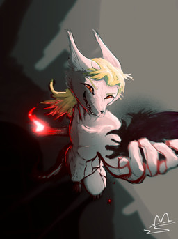 animal_genitalia anthro blonde_hair blood blood_drip blood_on_fur blood_on_hand blood_splatter bloodshot_eyes bodily_fluids claws dripping exposed_heart fire fur genitals hair magic magic_user male nude organs sheath slim solo standing white_body white_fur miauseph canid canine canis fox mammal wolf absurd_res hi_res