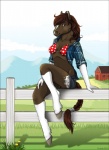 anthro bikini braided_hair braided_tail breasts broadway~ brown_eyes clothed clothing country farm female fence flannel fully_clothed hair looking_at_viewer on_fence skimpy solo swimwear tail two-piece_swimsuit etuix appaloosa equid equine horse mammal