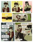 anthro badger canid canine canis clothing comic eating english_text european_badger eyewear food footwear gesture glasses handshake hi_res leo_(nardodraws) male male/male mammal martin_(nardodraws) meles mustelid musteline nardodraws sandals simple_background takeout_box text wolf