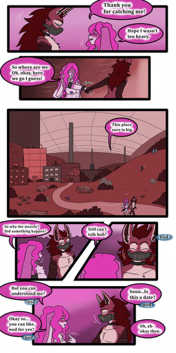 anthro breasts collar cuff_(restraint) dialogue duo female male male/female metal_collar muzzle_(object) restraints tail text tatsuchan18 daisy_(tatsuchan18) felid feline lagomorph leporid mammal rabbit absurd_res comic digital_media_(artwork) english_text hi_res multiple_scenes url